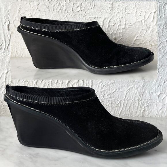 Cole Haan Black Suede White Topstitch Split Toe 3" Wedge Heel Mules - Women's 6B - Picture 1 of 8